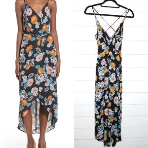 ASTR Floral Black Faux Wrap Print Hi Low Dress